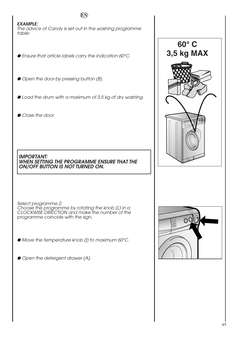 60° c 3,5 kg max | Candy LBHOL 182 User Manual | Page 45 / 80