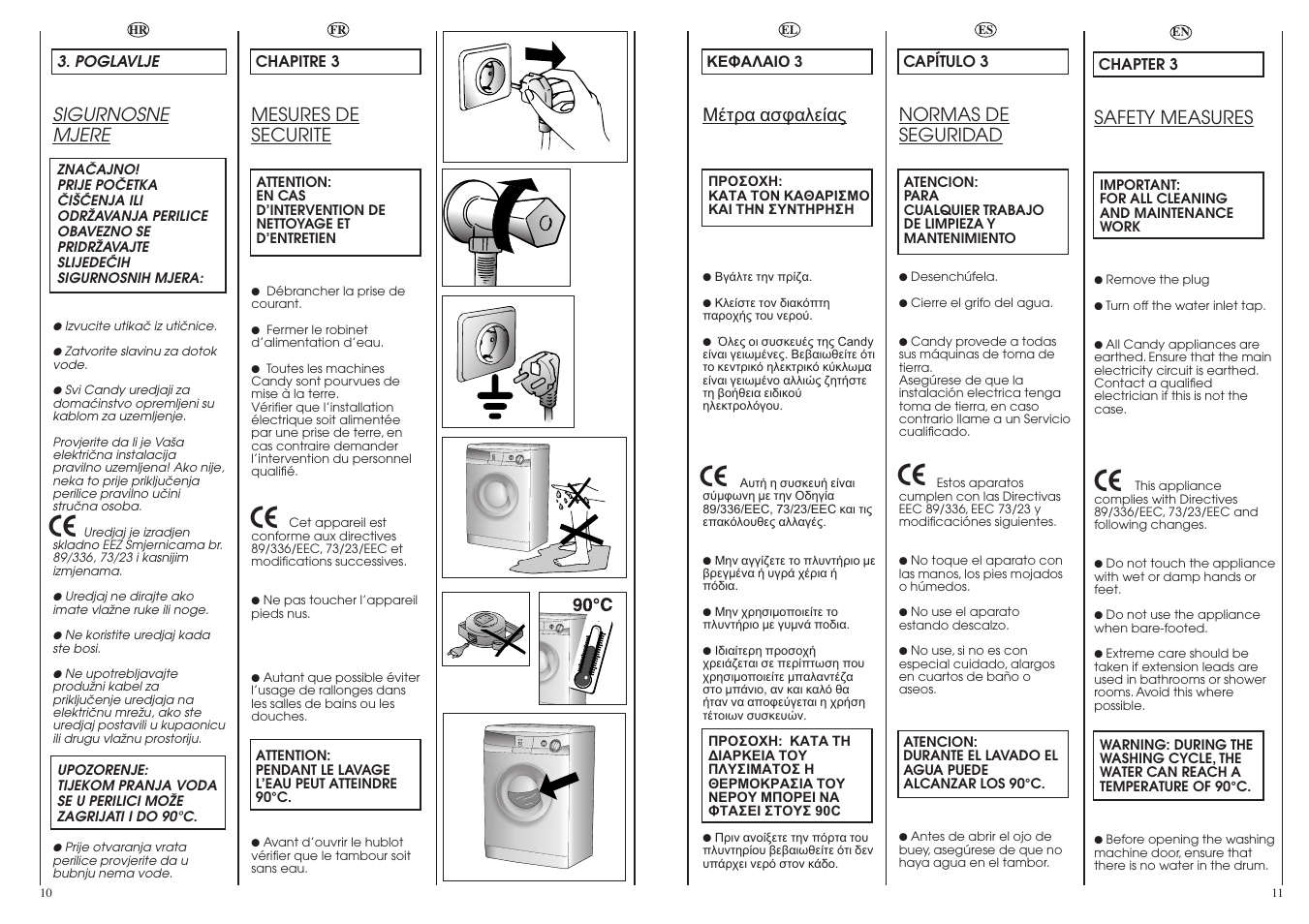 Safety measures, Mesures de securite, Normas de seguridad | Sigurnosne mjere | Candy CN 40 T User Manual | Page 6 / 33