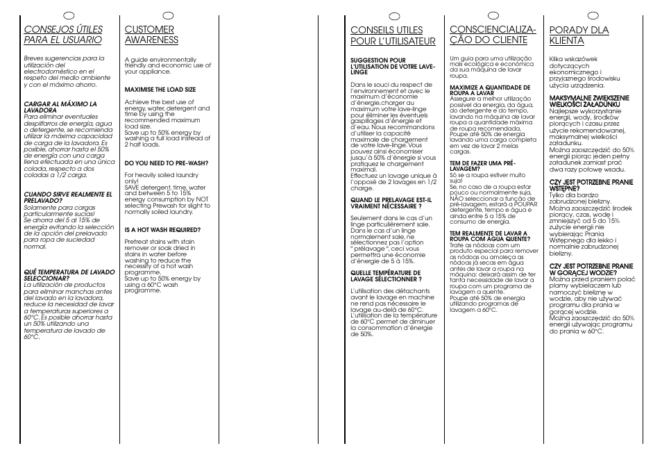 Consejos útiles para el usuario, Consciencializa- ção do cliente, Conseils utiles pour l’utilisateur | Porady dla klienta, Customer awareness | Candy CJ 474__F User Manual | Page 17 / 33