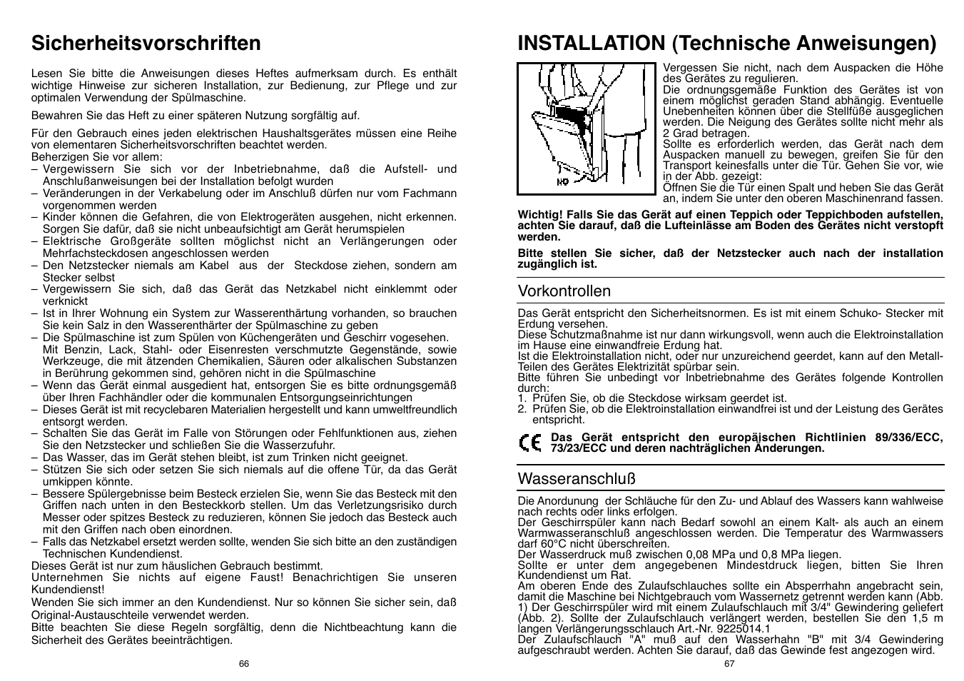 Installation (technische anweisungen), Sicherheitsvorschriften, Vorkontrollen | Wasseranschluß | Candy LS DFI PLAN User Manual | Page 34 / 77
