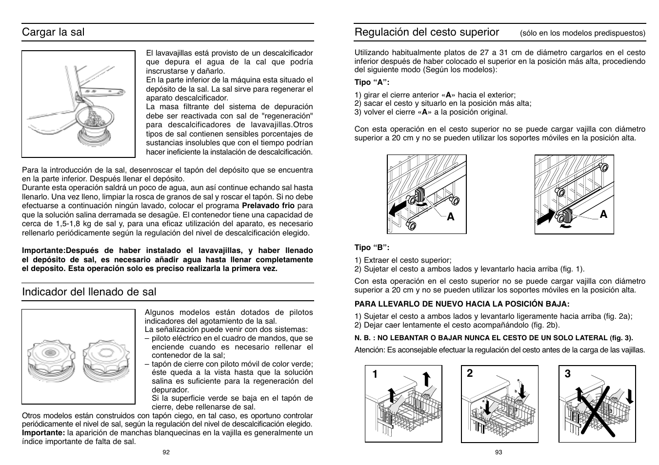 Cargar la sal, Indicador del llenado de sal, Regulación del cesto superior | Candy LS DFI PLAN User Manual | Page 47 / 77