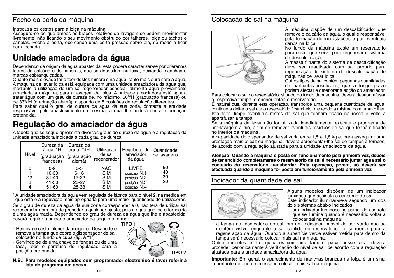 Regulação do amaciador da água, Unidade amaciadora da água, Colocação do sal na máquina | Fecho da porta da máquina, Indicador da quantidade de sal | Candy LS DFI PLAN User Manual | Page 57 / 77