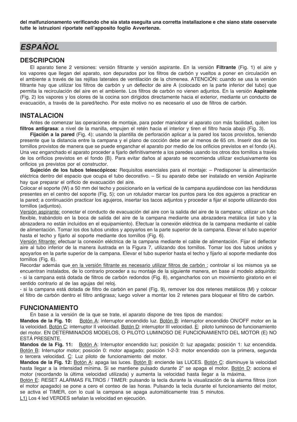 Español, Descripcion, Instalacion | Funcionamiento | Candy CEC 71 X User Manual | Page 9 / 16