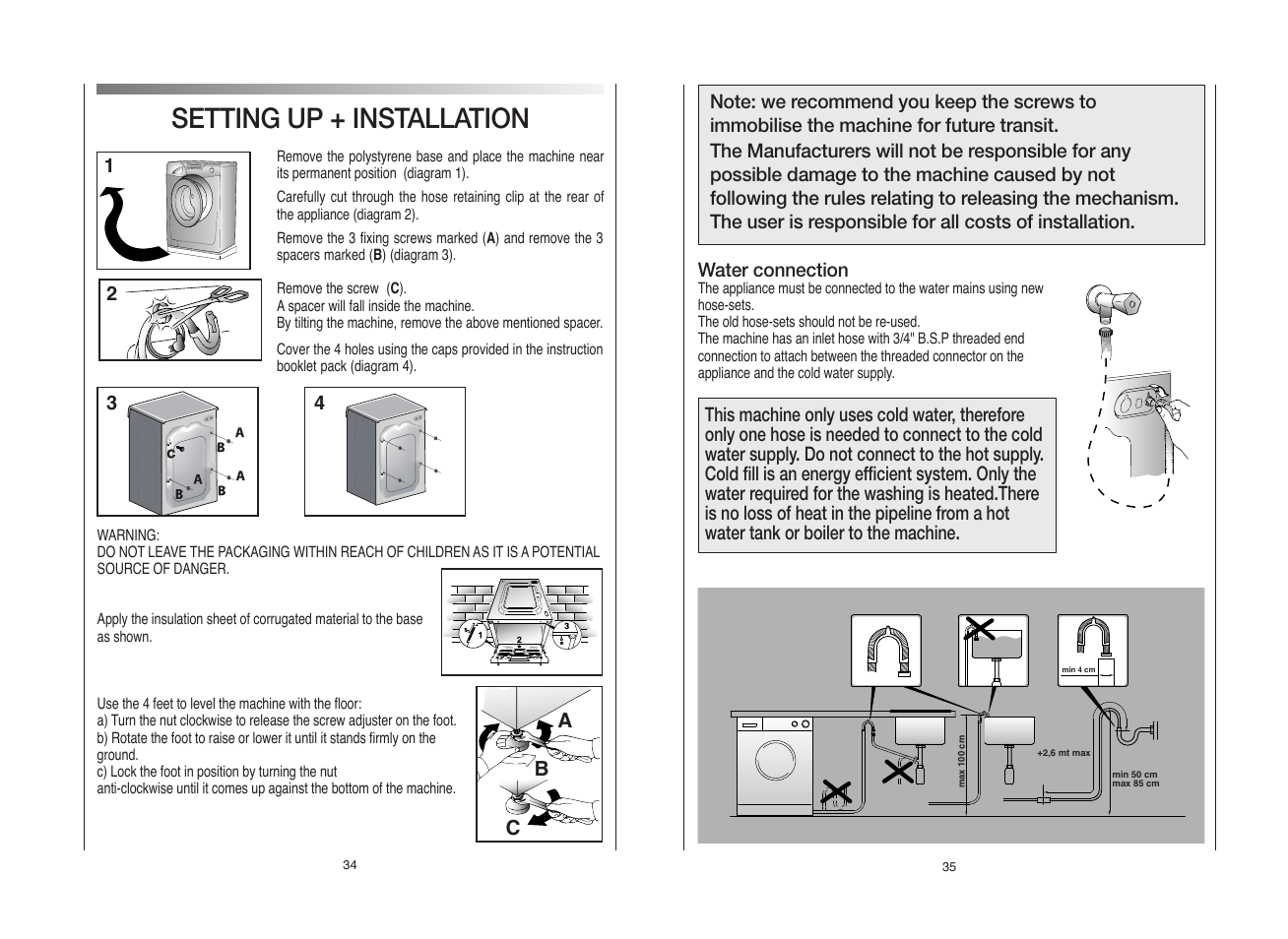 Setting up + installation | Candy GO4W464-80 User Manual | Page 18 / 21