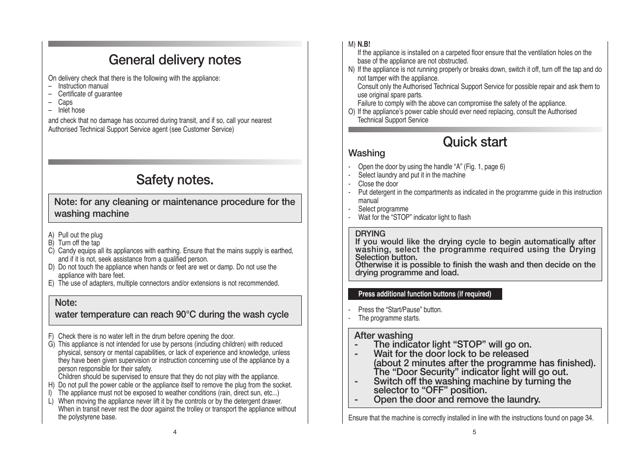 Quick start | Candy GO4W464-80 User Manual | Page 3 / 21