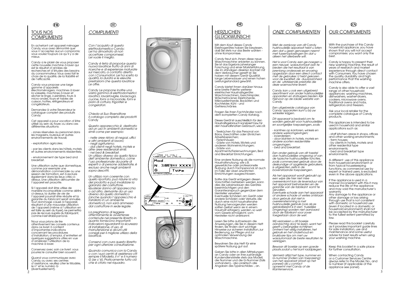 Complimenti, Tous nos compliments, Herzlichen glückwunsch | Our compliments, Onze complimenten | Candy GO F146__L1-S User Manual | Page 2 / 41