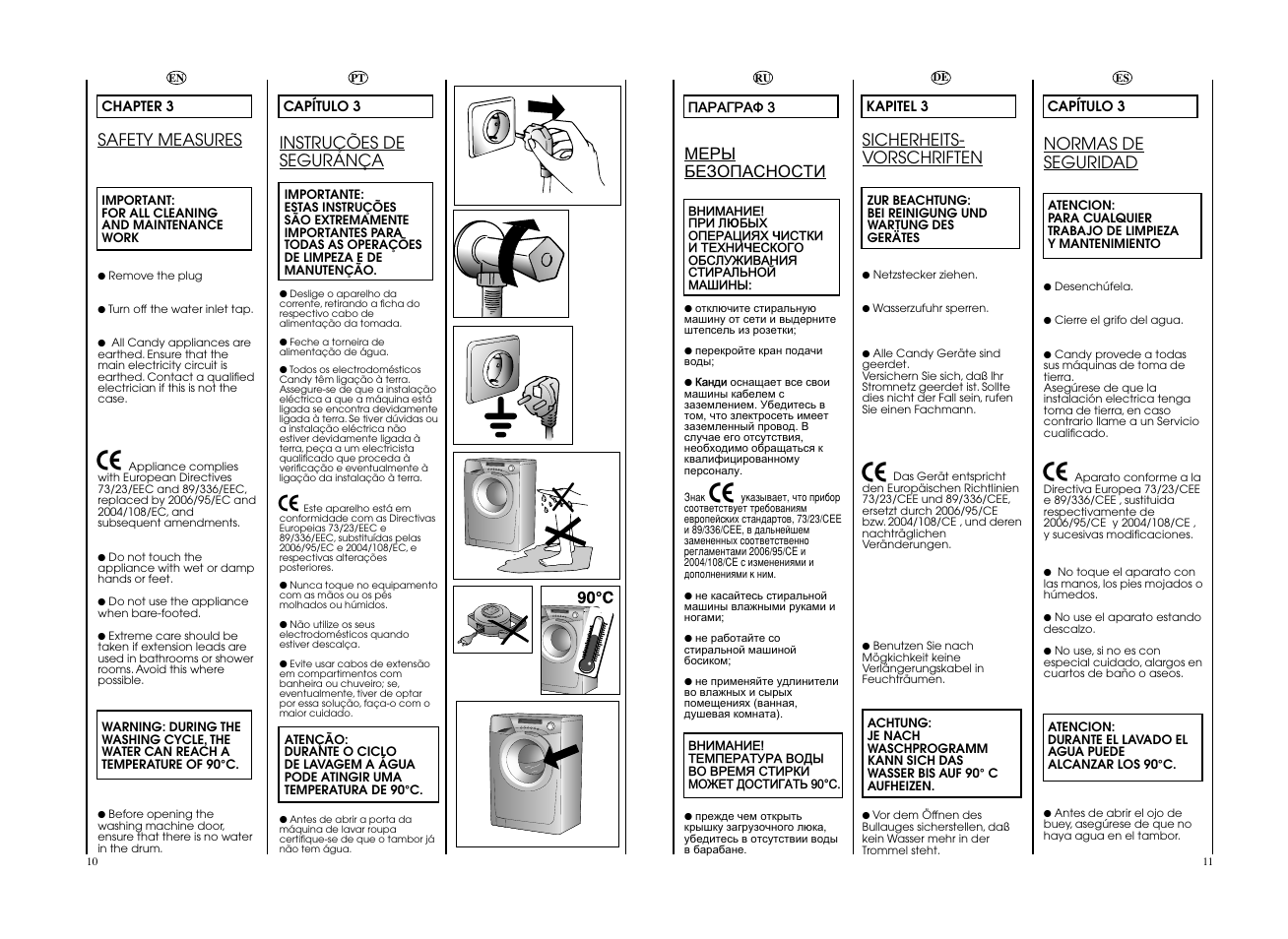 Safety measures, Instruções de segurança, Sicherheits- vorschriften | Normas de seguridad, Ìåpû безопасности | Candy EVOW 4853D-S User Manual | Page 6 / 53