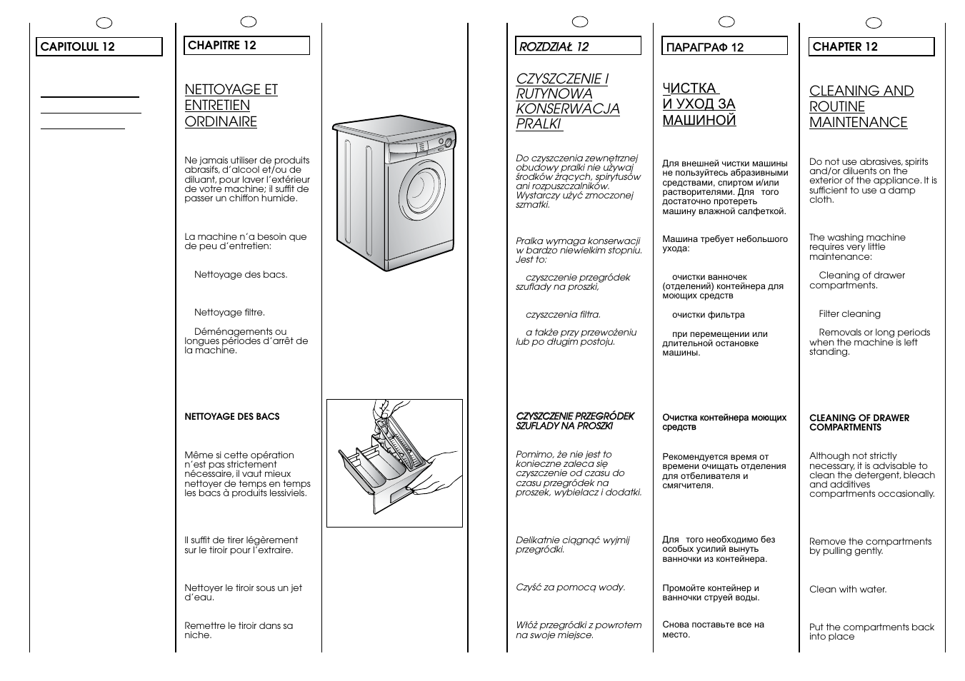 Cleaning and routine maintenance, Czyszczenie i rutynowa konserwacja pralki, Nettoyage et entretien ordinaire | Уистка и уход за машиной, Curatarea si întretinerea aparatului | Candy CN 63 T RU User Manual | Page 28 / 41