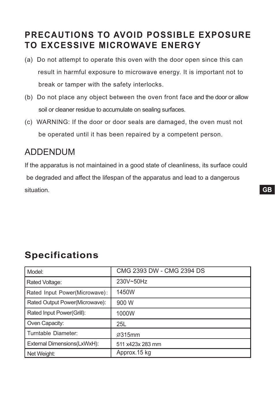 Specifications | Candy CMG 2394 DS User Manual | Page 3 / 100