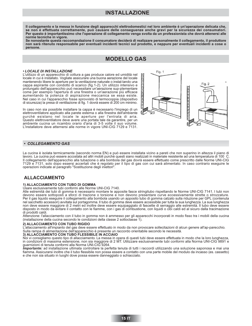 Installazione, Modello gas | Candy TRIO 9503 X User Manual | Page 16 / 80