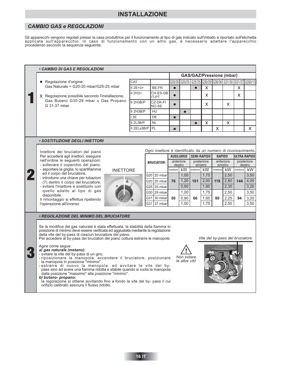 Installazione, Cambio gas e regolazioni | Candy TRIO 9503 X User Manual | Page 17 / 80