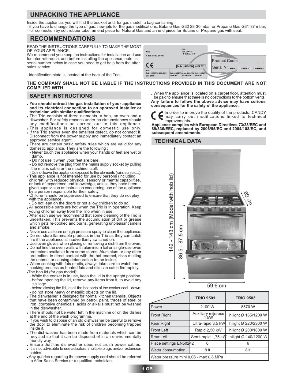 Unpacking the appliance, Recommendations | Candy TRIO 9503 X User Manual | Page 2 / 80