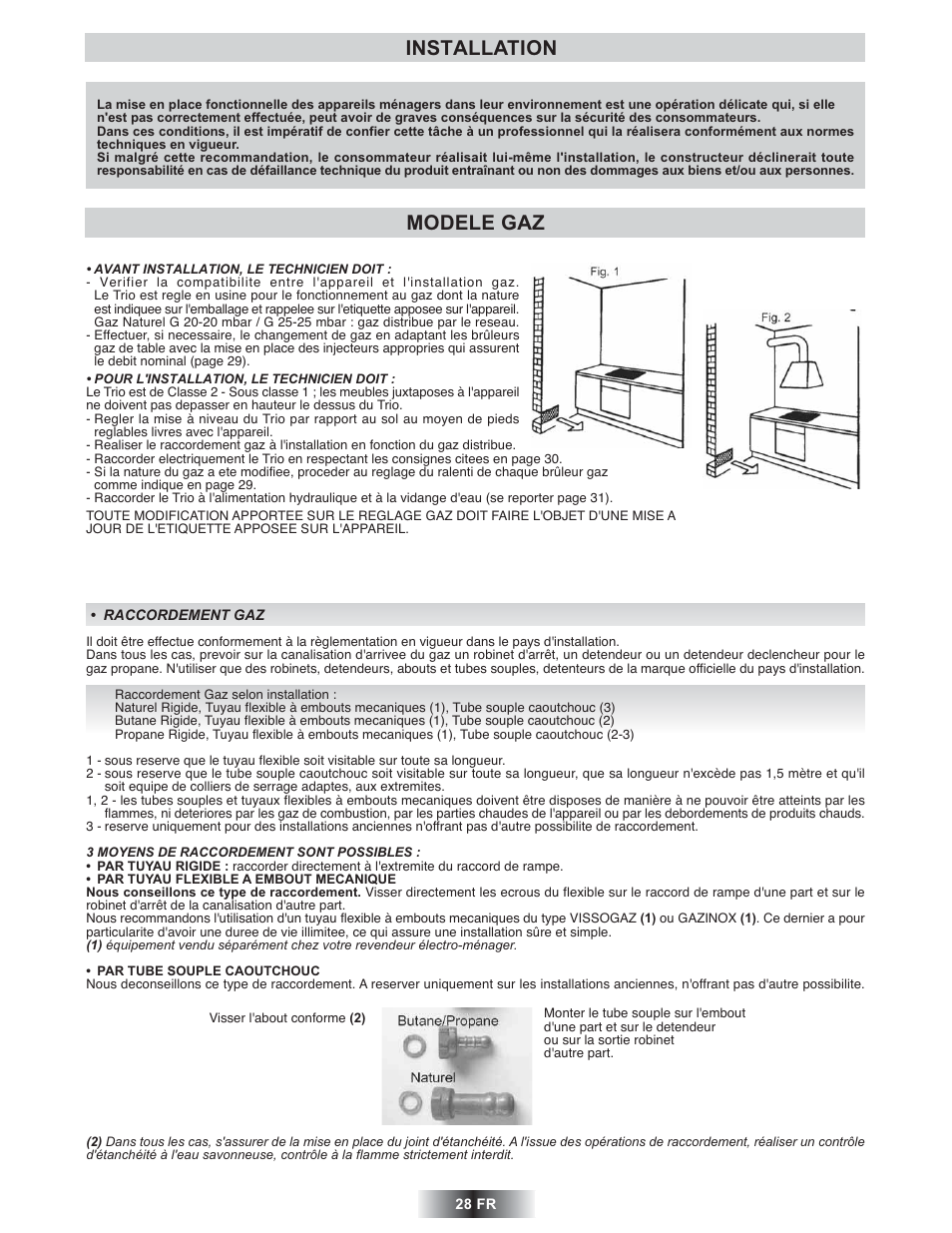 Installation, Modele gaz | Candy TRIO 9503 X User Manual | Page 29 / 80