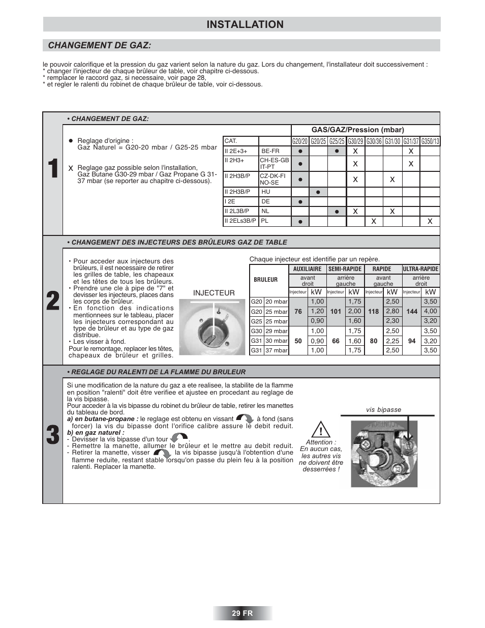 Installation, Changement de gaz | Candy TRIO 9503 X User Manual | Page 30 / 80