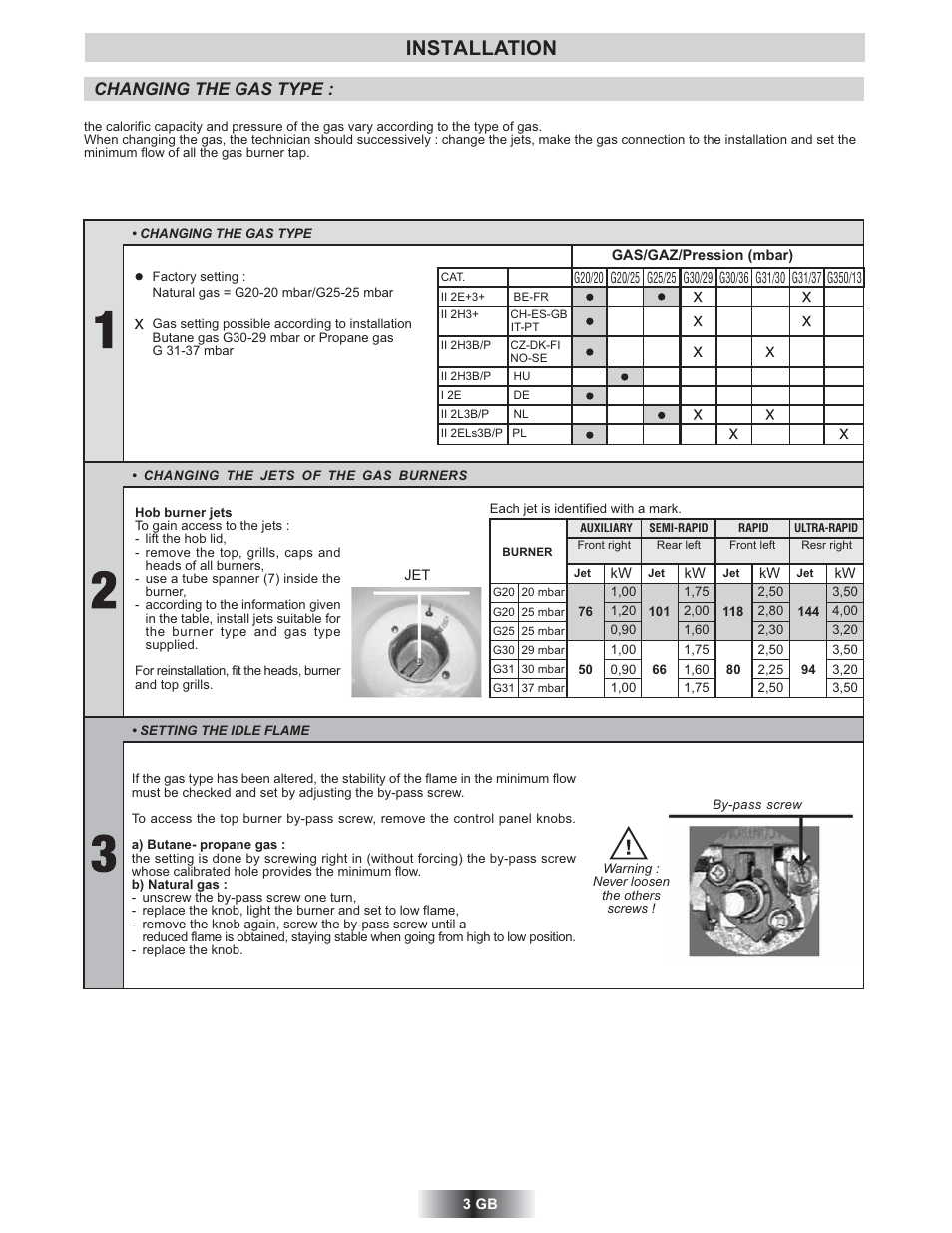 Installation, Changing the gas type | Candy TRIO 9503 X User Manual | Page 4 / 80
