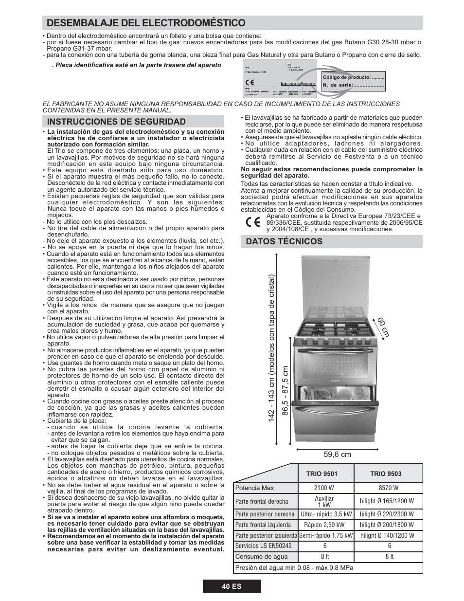 Desembalaje del electrodoméstico, Instrucciones de seguridad, Datos técnicos | Candy TRIO 9503 X User Manual | Page 41 / 80