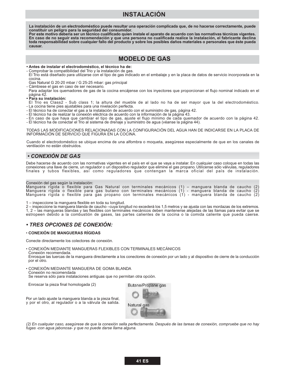 Instalación, Modelo de gas | Candy TRIO 9503 X User Manual | Page 42 / 80