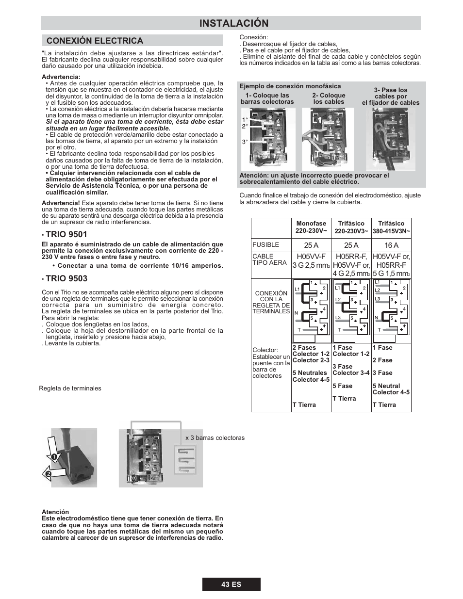 Instalación, Conexión electrica, Trio 9501 | Trio 9503 | Candy TRIO 9503 X User Manual | Page 44 / 80
