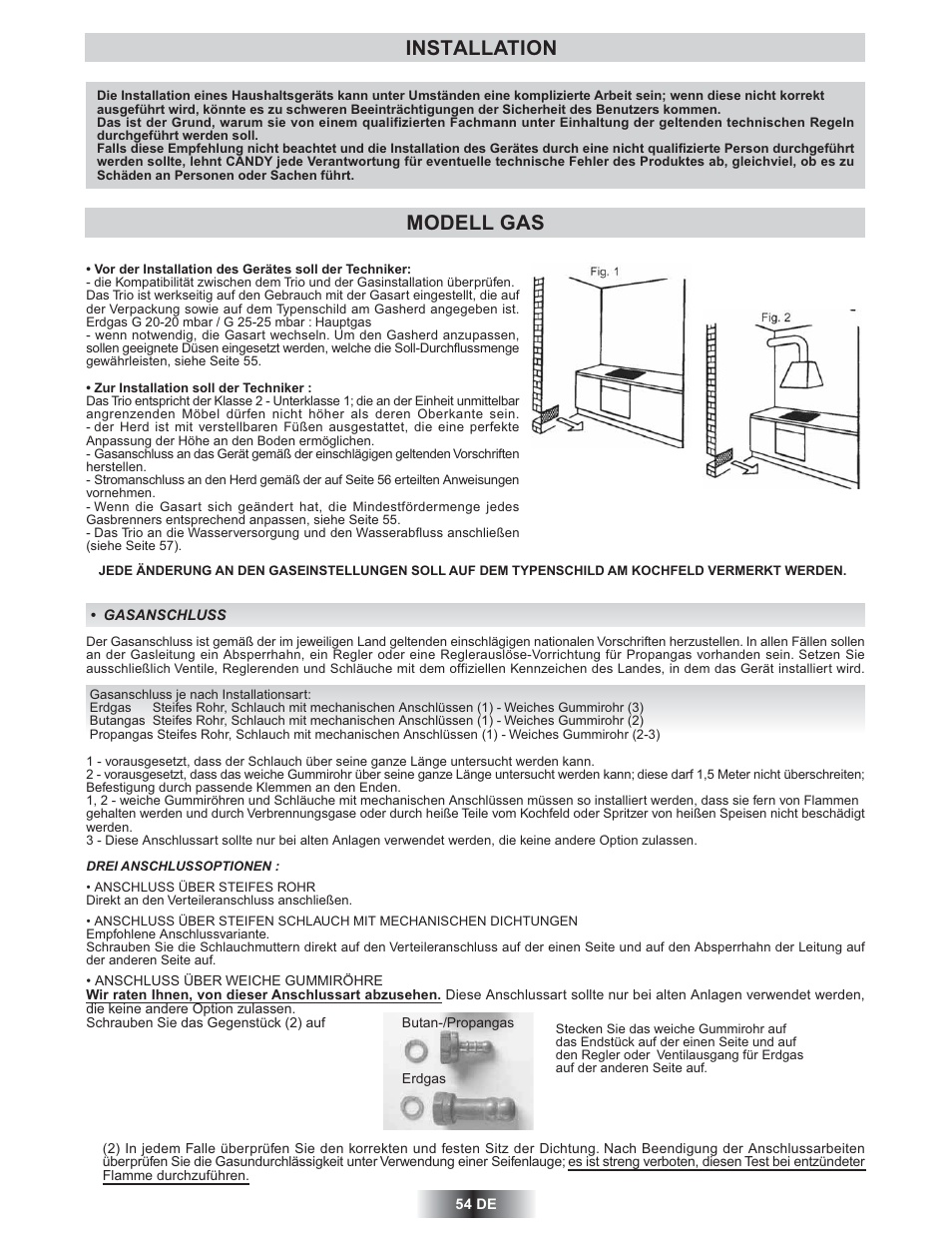 Installation, Modell gas | Candy TRIO 9503 X User Manual | Page 55 / 80