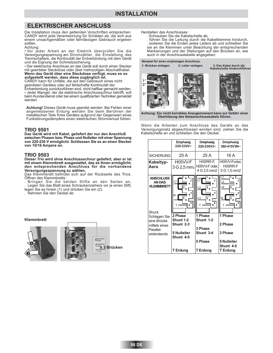 Elektrischer anschluss, Installation, Trio 9501 | Trio 9503 | Candy TRIO 9503 X User Manual | Page 57 / 80