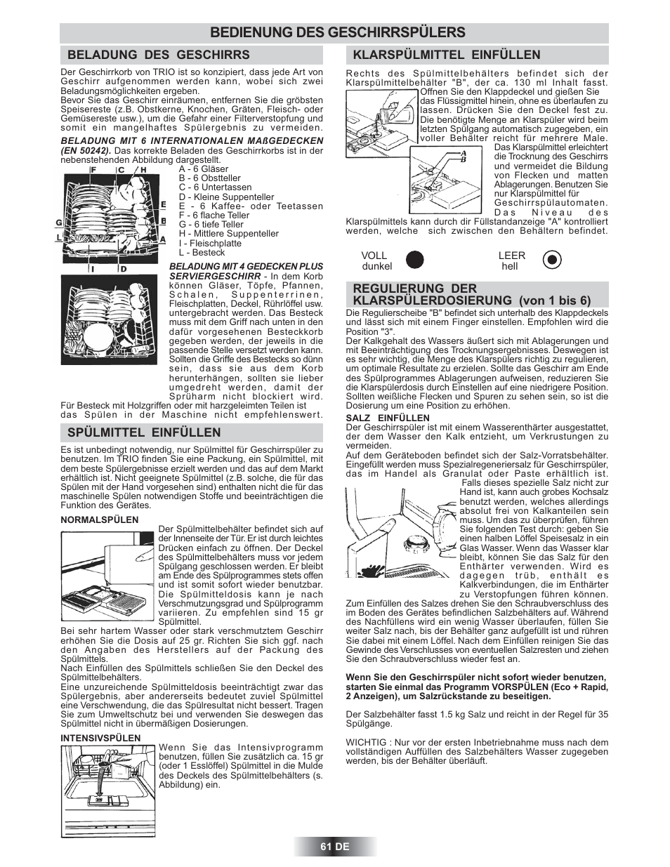 Bedienung des geschirrspülers | Candy TRIO 9503 X User Manual | Page 62 / 80