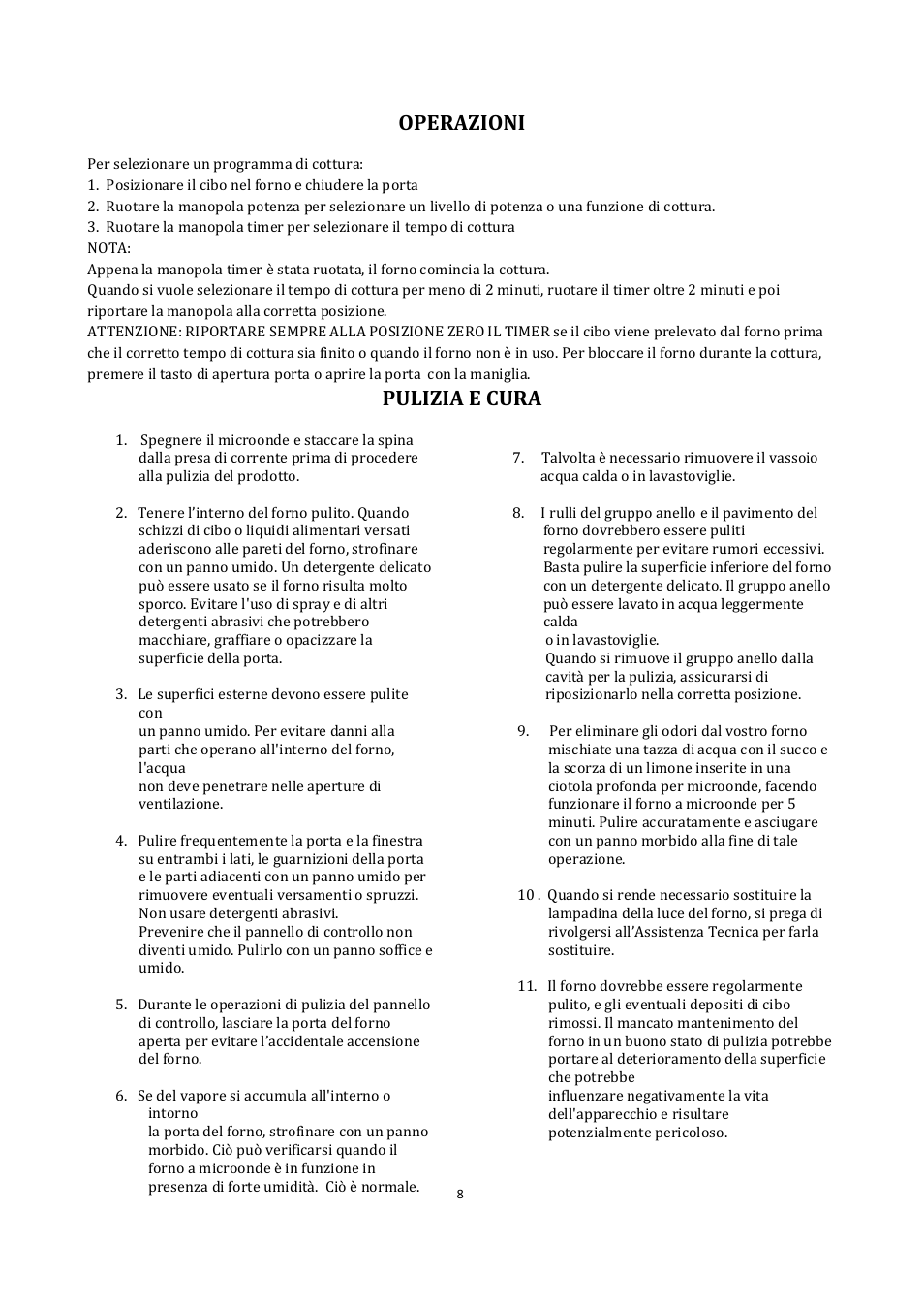 Operazioni, Pulizia e cura | Candy CMG 2071 M User Manual | Page 10 / 102