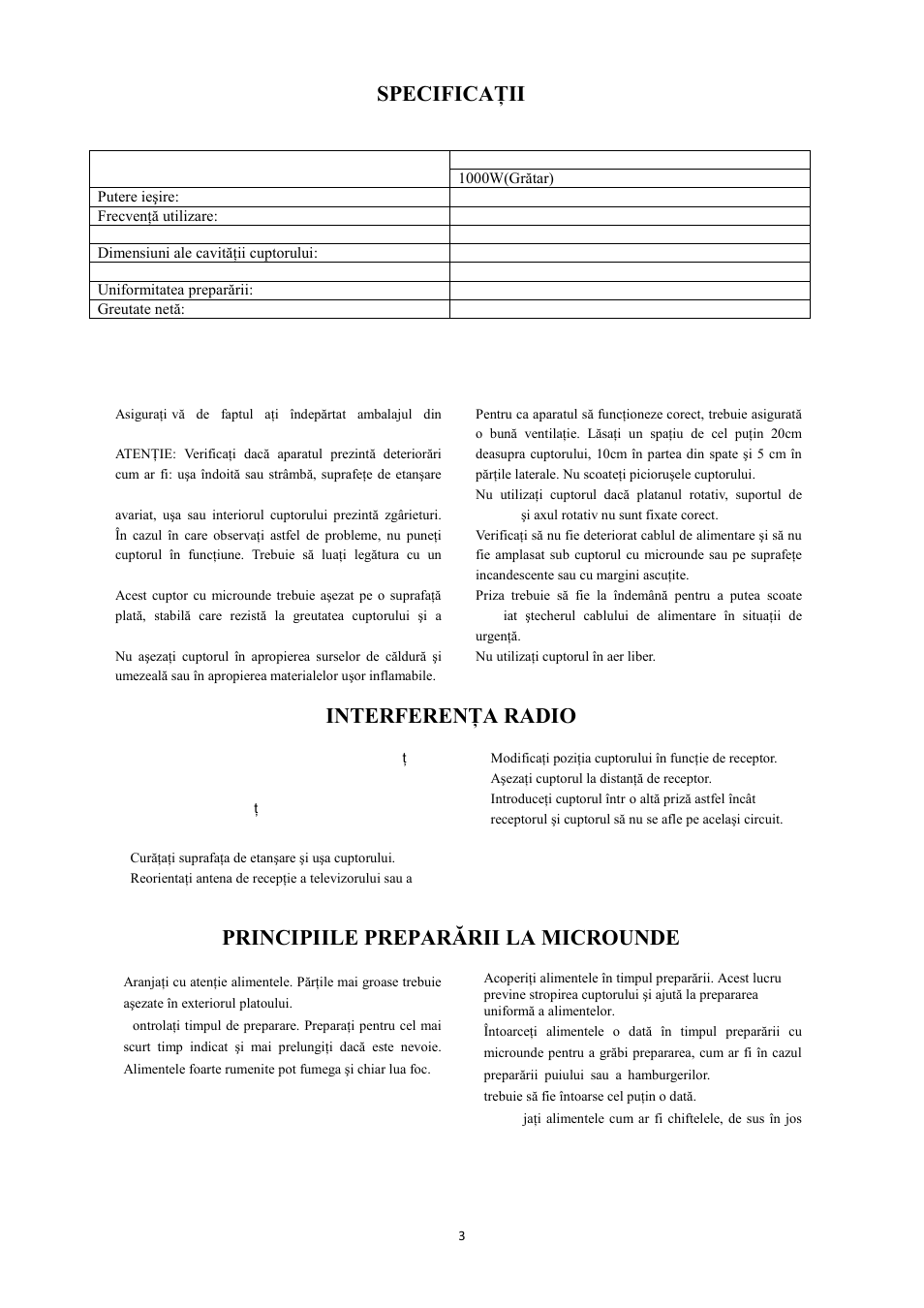 Specificaţii, Instalare, Interferenţa radio | Principiile preparării la microunde | Candy CMG 2071 M User Manual | Page 35 / 102