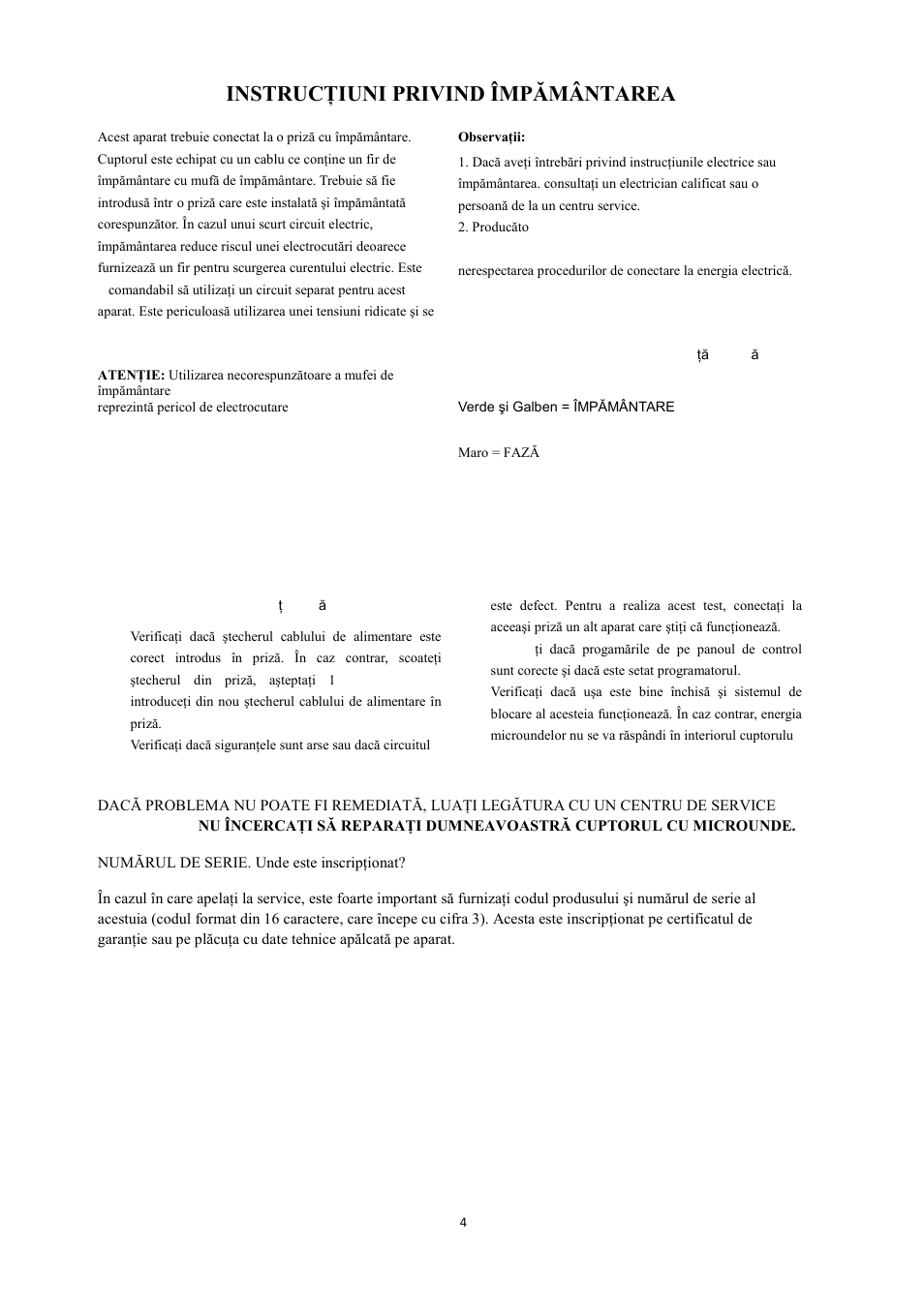 Instrucţiuni privind împământarea, Înainte de a apela la service | Candy CMG 2071 M User Manual | Page 36 / 102