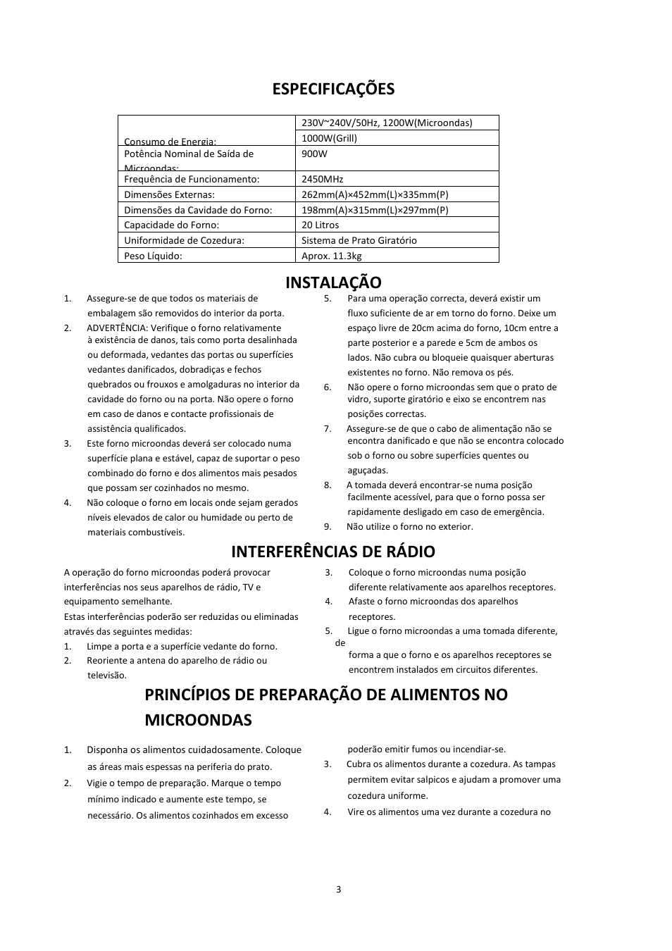Especificações, Instalação, Interferências de rádio | Candy CMG 2071 M User Manual | Page 44 / 102