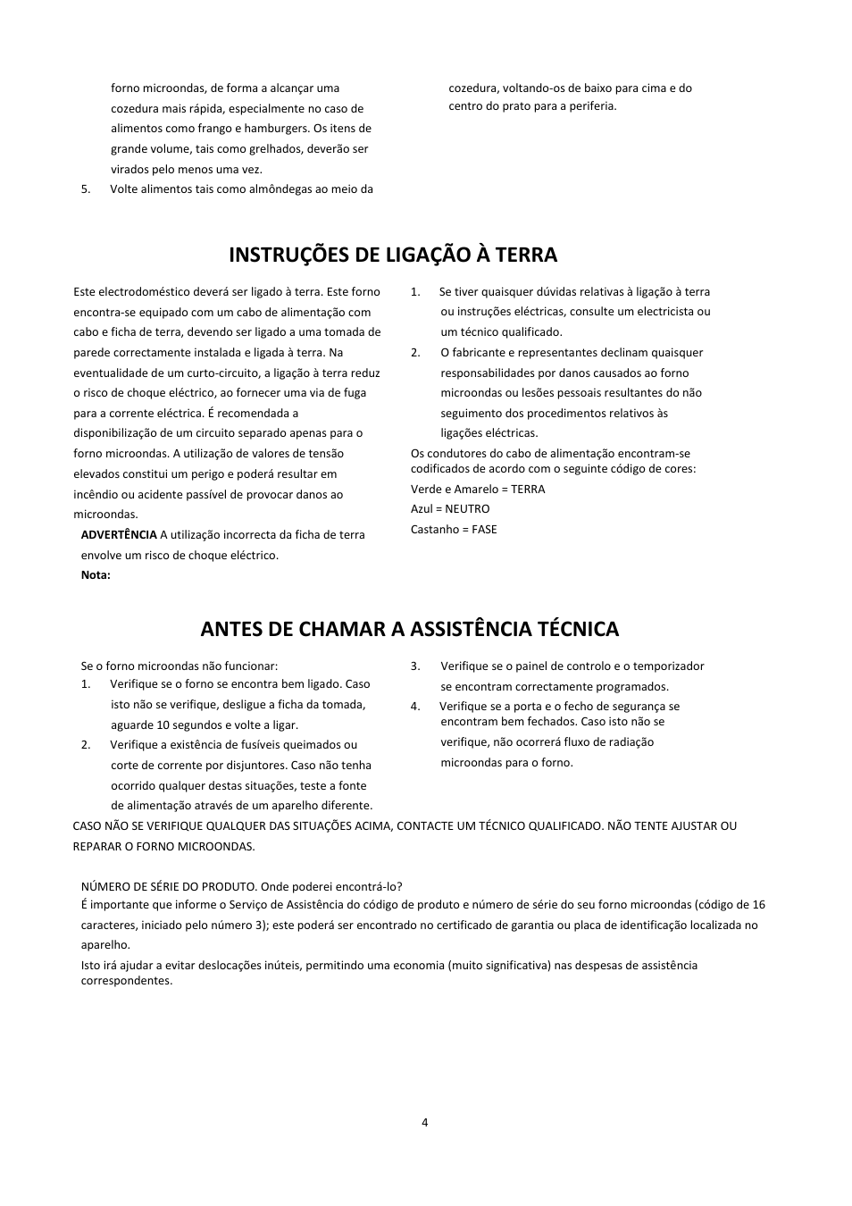 Instruções de ligação à terra, Antes de chamar a assistência técnica | Candy CMG 2071 M User Manual | Page 45 / 102