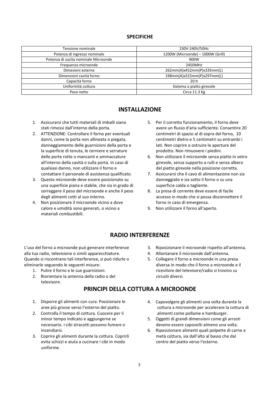 Installazione, Radio interferenze, Principi della cottura a microonde | Specifiche | Candy CMG 2071 M User Manual | Page 5 / 102