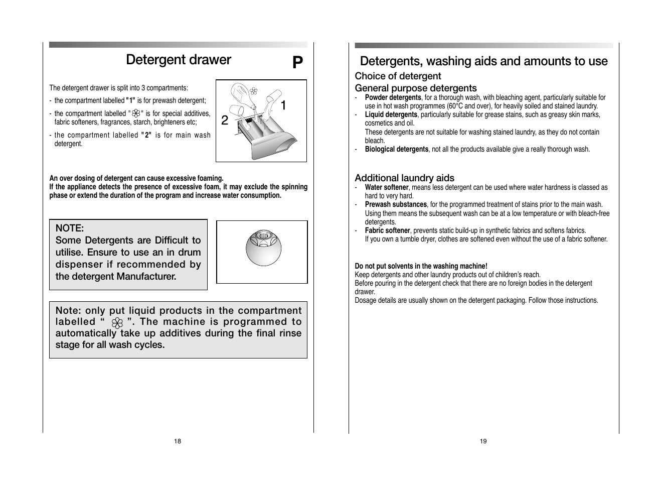 Detergent drawer, Detergents, washing aids and amounts to use | Candy EVO 1683DW-80 User Manual | Page 10 / 17