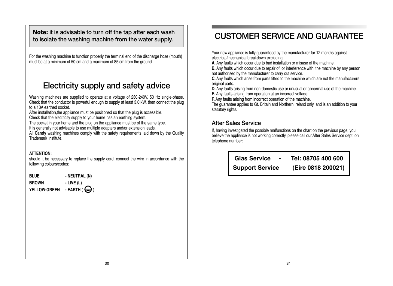 Electricity supply and safety advice, Customer service and guarantee | Candy EVO 1683DW-80 User Manual | Page 16 / 17