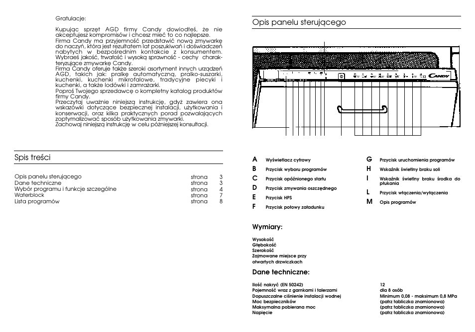Spis treêci, Opis panelu sterujàcego | Candy DFI 105 T User Manual | Page 2 / 33