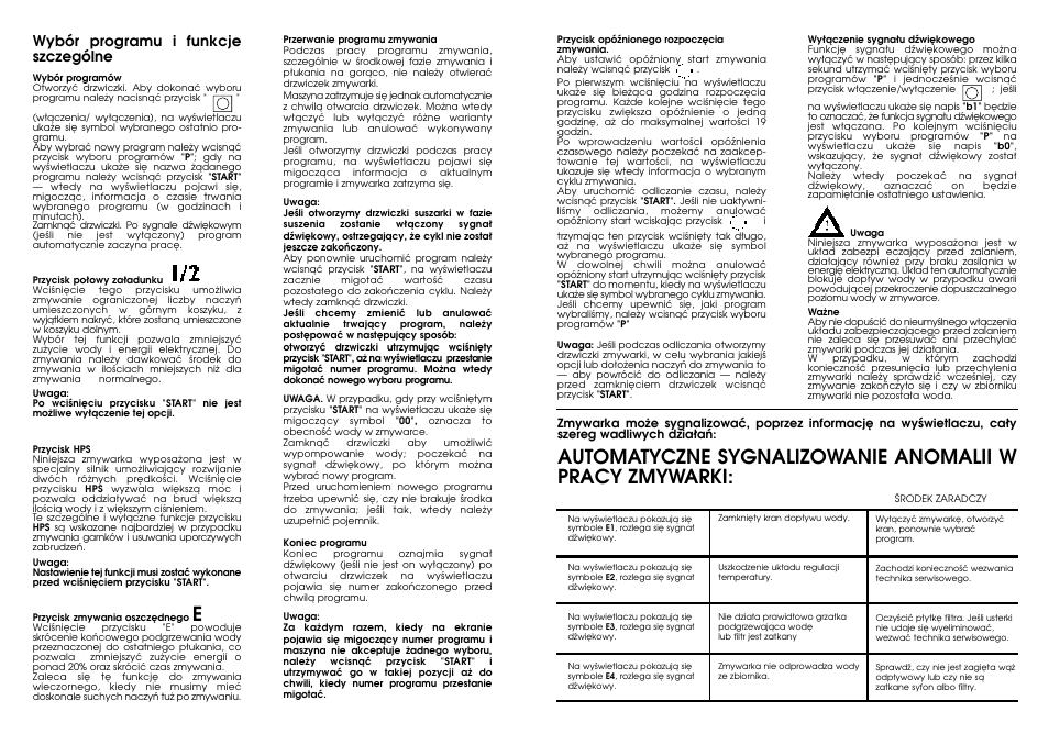 Wybór programu i funkcje szczególne | Candy DFI 105 T User Manual | Page 3 / 33