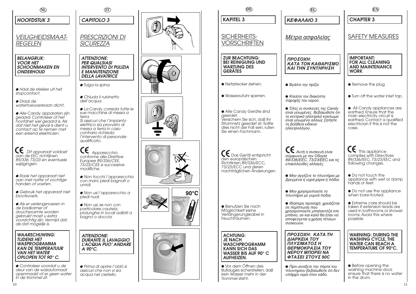 Prescrizioni di sicurezza, Sicherheits- vorschriften, Safety measures | Veiligheidsmaat- regelen | Candy GO616-83S User Manual | Page 6 / 41