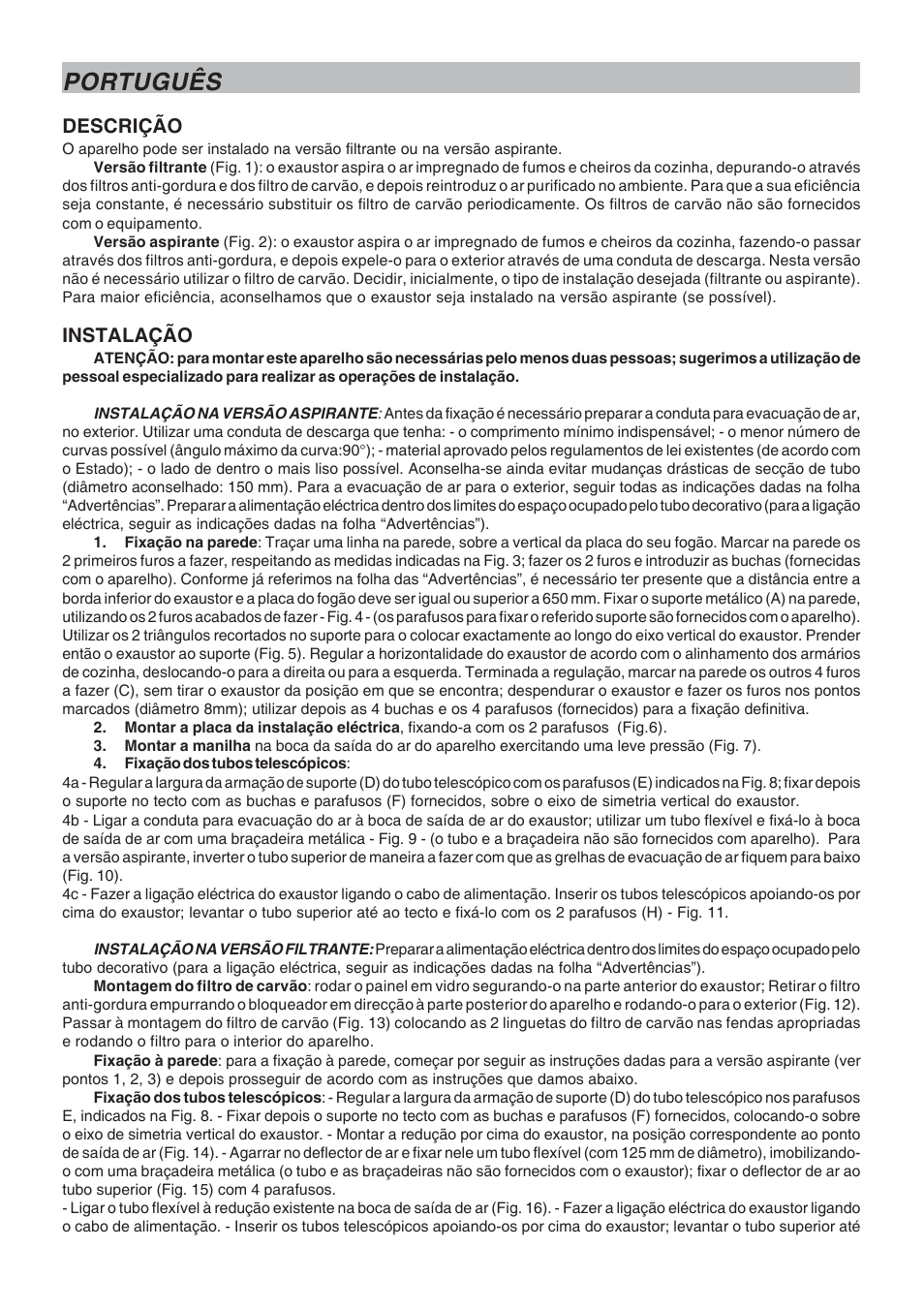 Português, Descrição, Instalação | Candy CSDH 9110 ZEN User Manual | Page 10 / 16