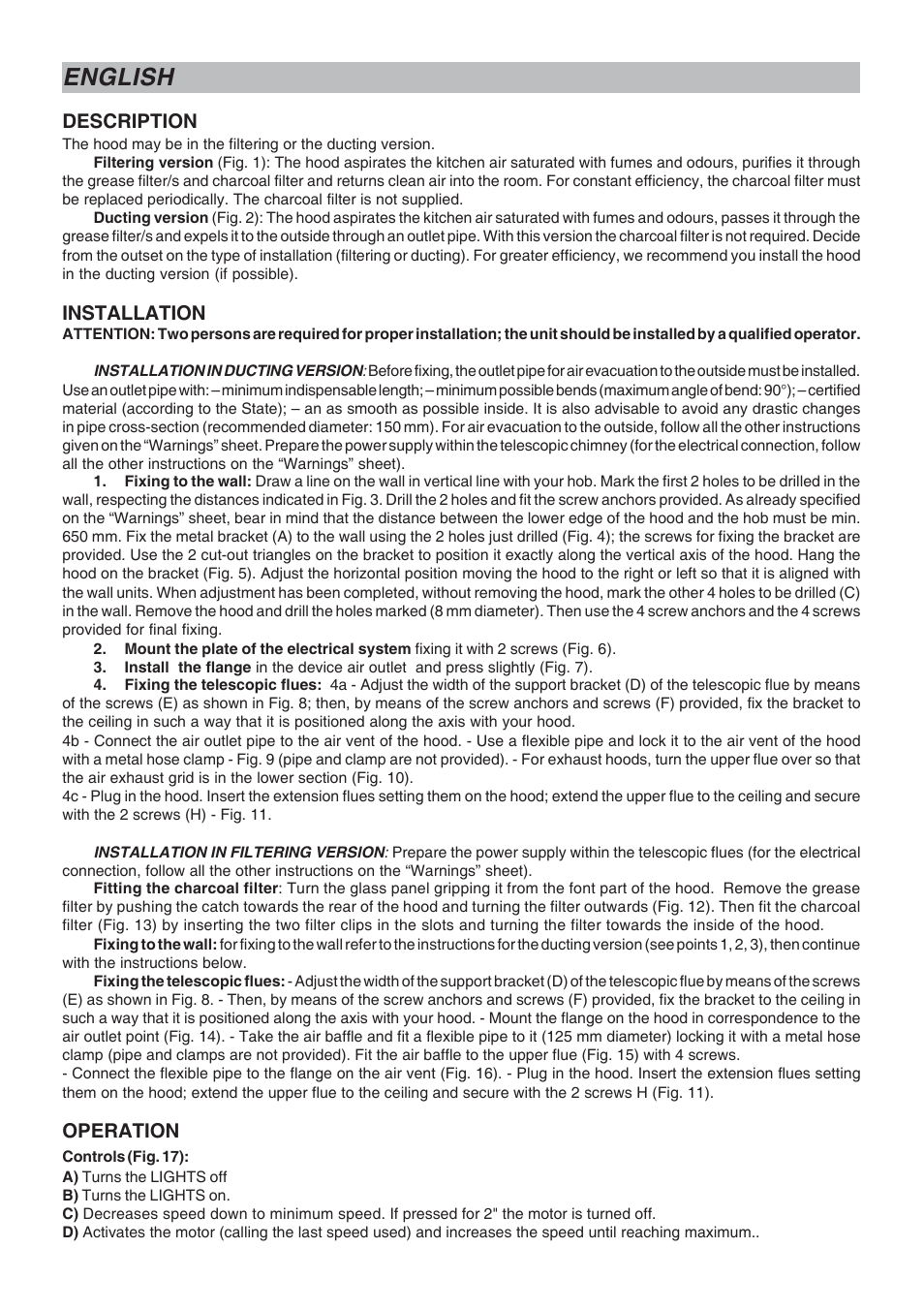 English, Description, Installation | Operation | Candy CSDH 9110 ZEN User Manual | Page 2 / 16