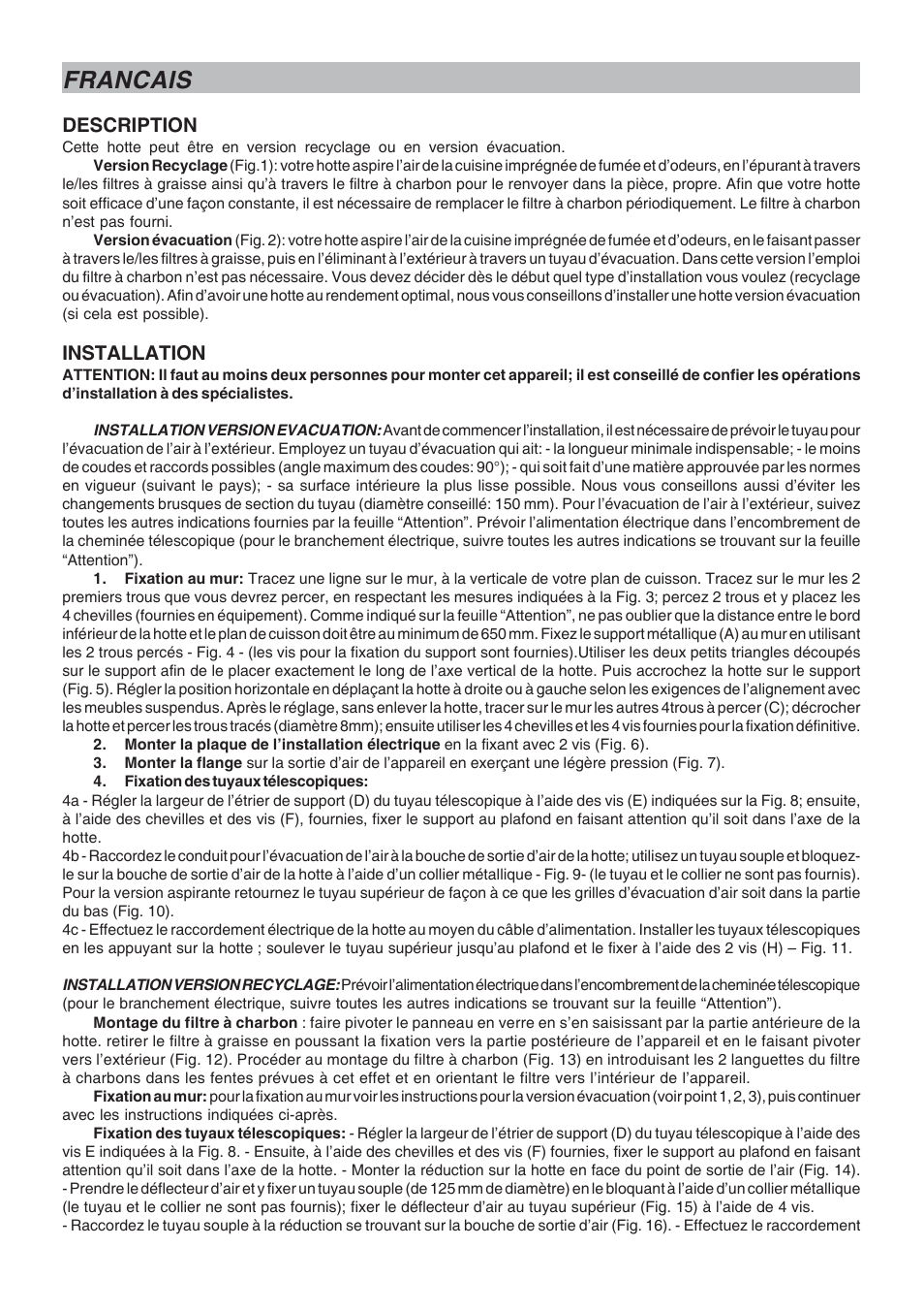 Francais, Description, Installation | Candy CSDH 9110 ZEN User Manual | Page 5 / 16