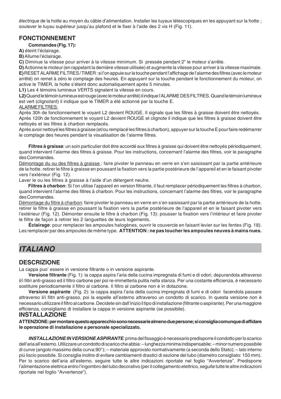 Italiano, Fonctionnement, Descrizione | Installazione | Candy CSDH 9110 ZEN User Manual | Page 6 / 16