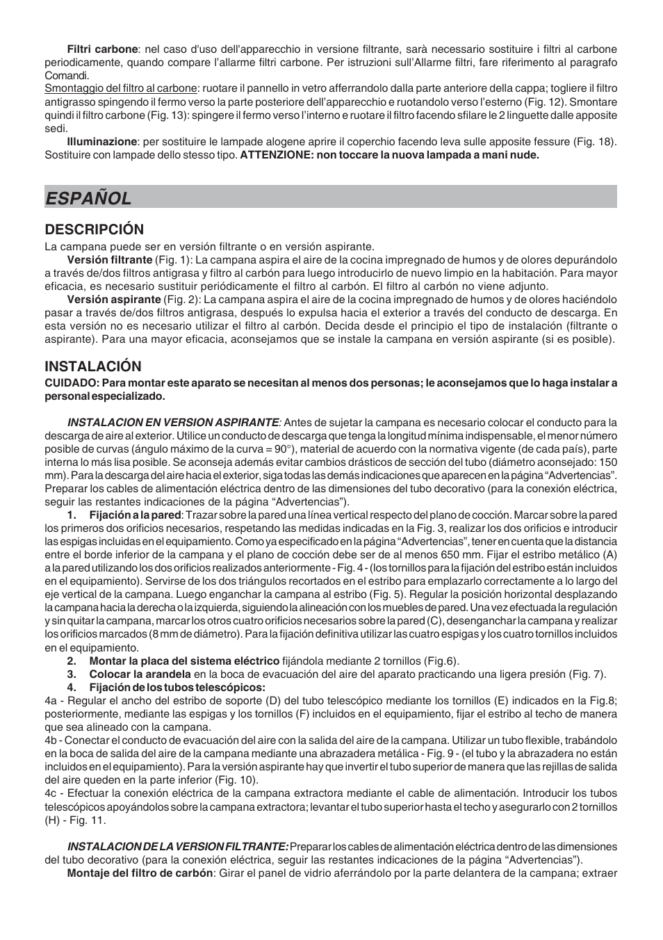 Español, Descripción, Instalación | Candy CSDH 9110 ZEN User Manual | Page 8 / 16