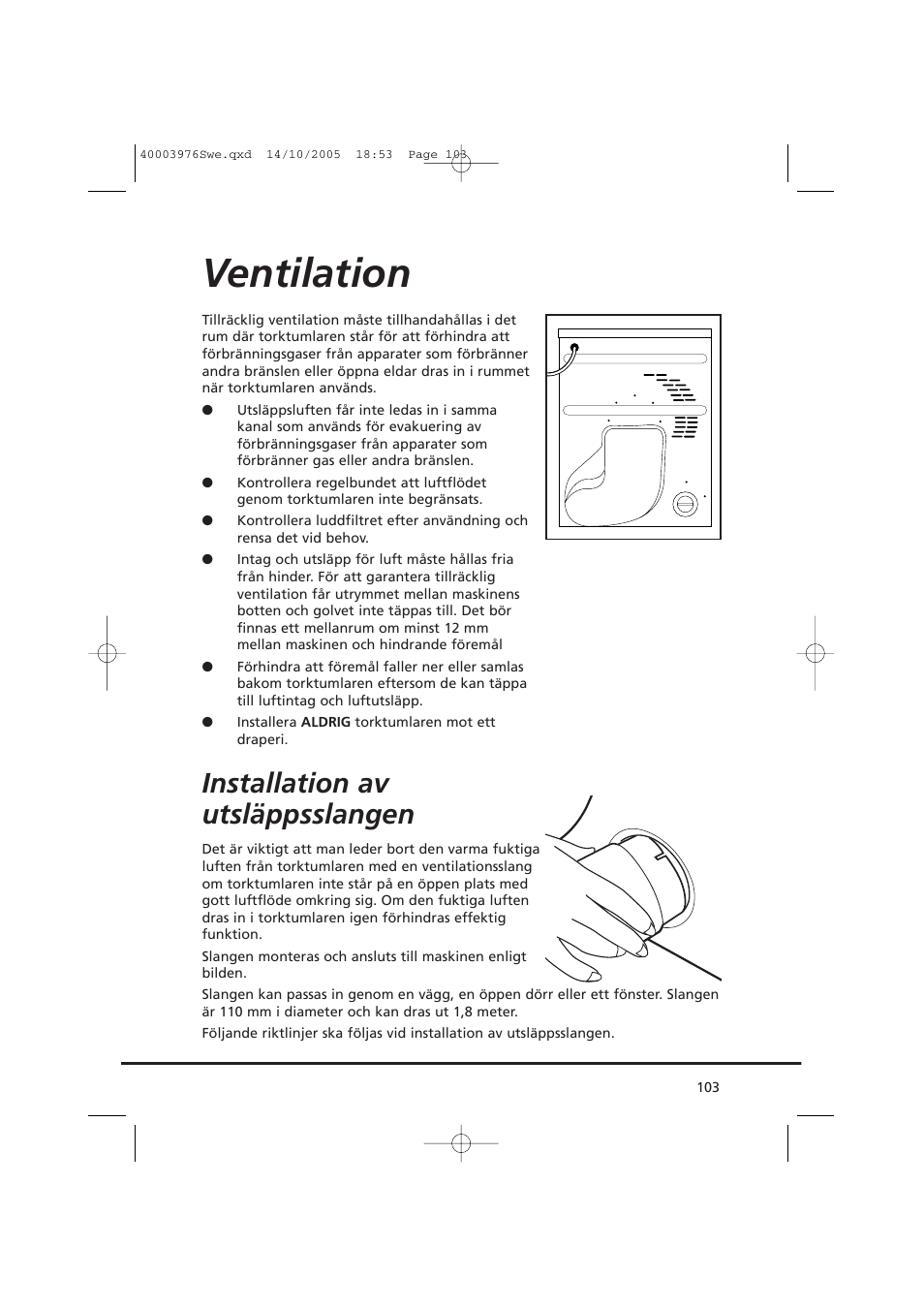 Ventilation, Installation av utsläppsslangen | Candy CV1 66- S User Manual | Page 103 / 164