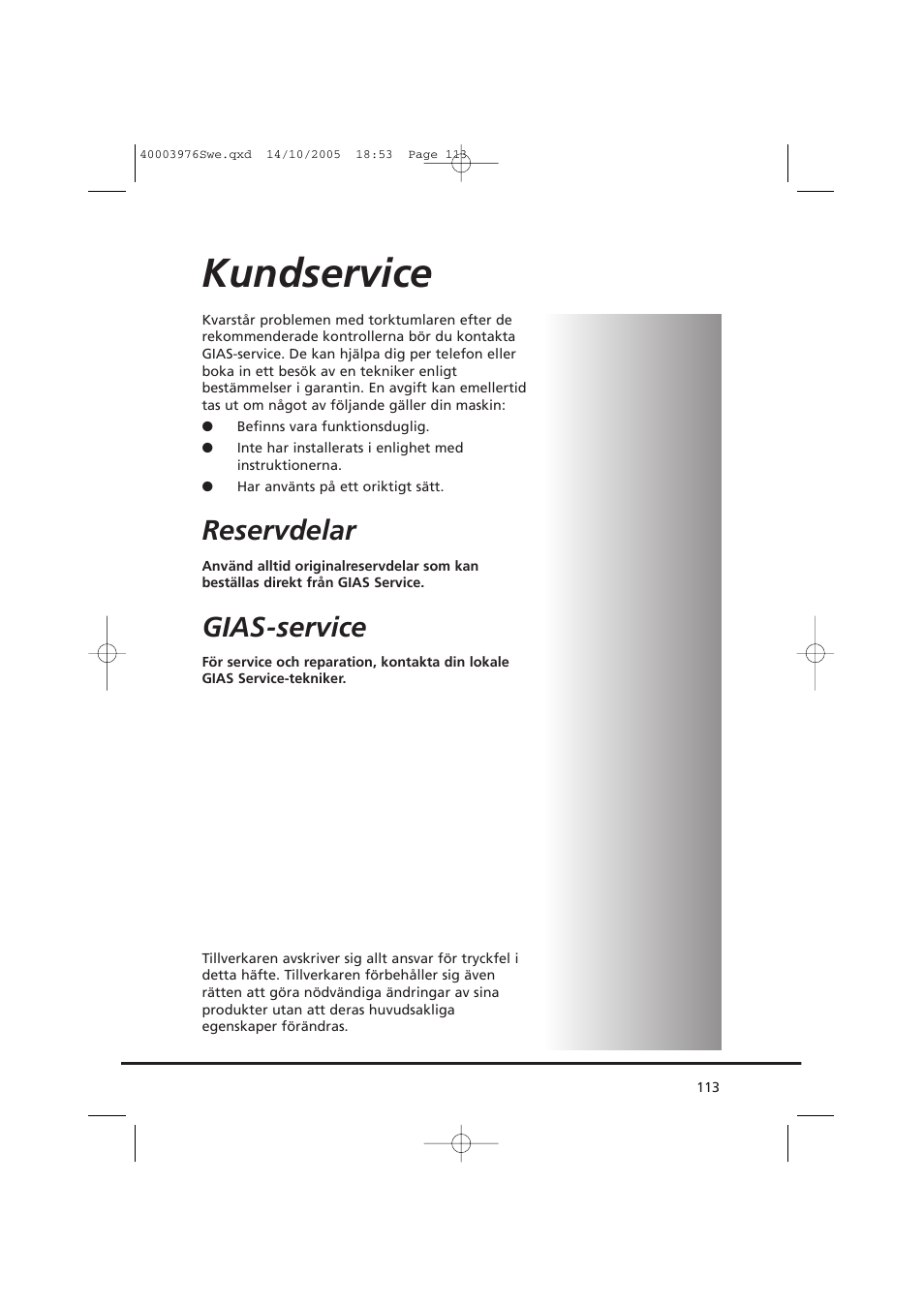 Kundservice, Reservdelar, Gias-service | Candy CV1 66- S User Manual | Page 113 / 164