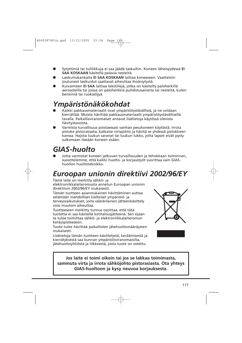 Ympäristönäkökohdat, Gias-huolto | Candy CV1 66- S User Manual | Page 117 / 164