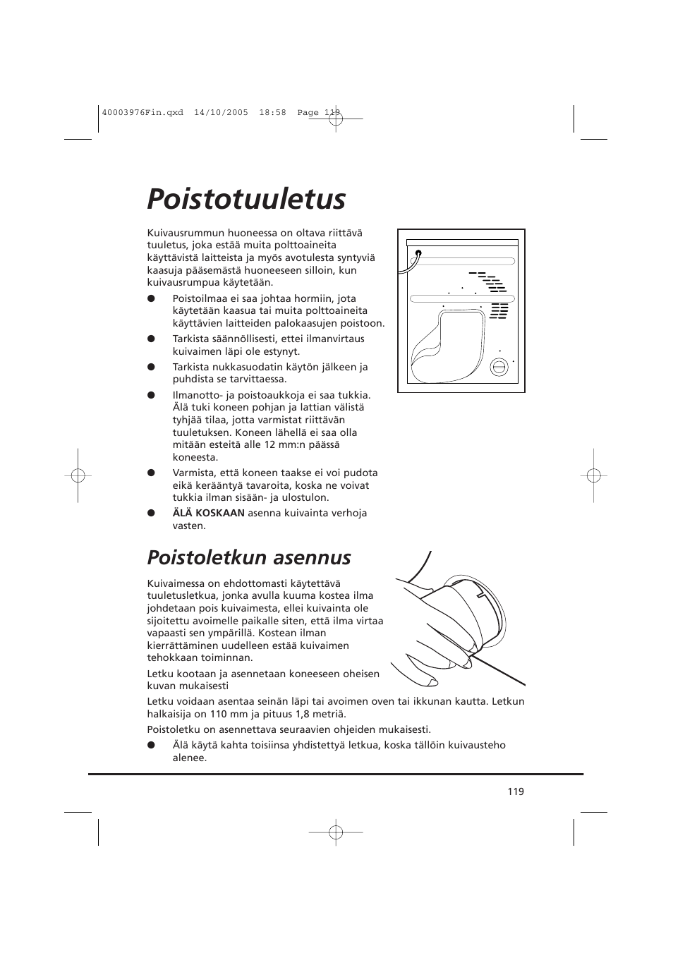 Poistotuuletus, Poistoletkun asennus | Candy CV1 66- S User Manual | Page 119 / 164
