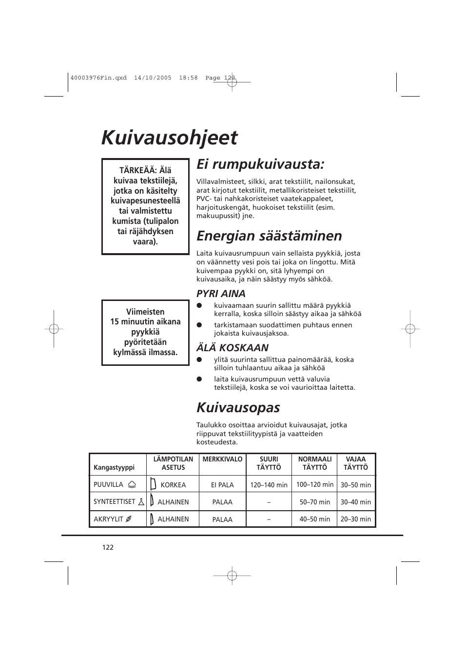 Kuivausohjeet, Ei rumpukuivausta, Energian säästäminen | Kuivausopas, Pyri aina, Älä koskaan | Candy CV1 66- S User Manual | Page 122 / 164