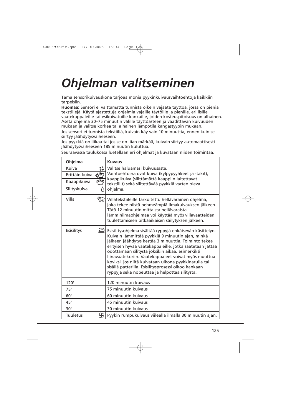 Ohjelman valitseminen | Candy CV1 66- S User Manual | Page 125 / 164