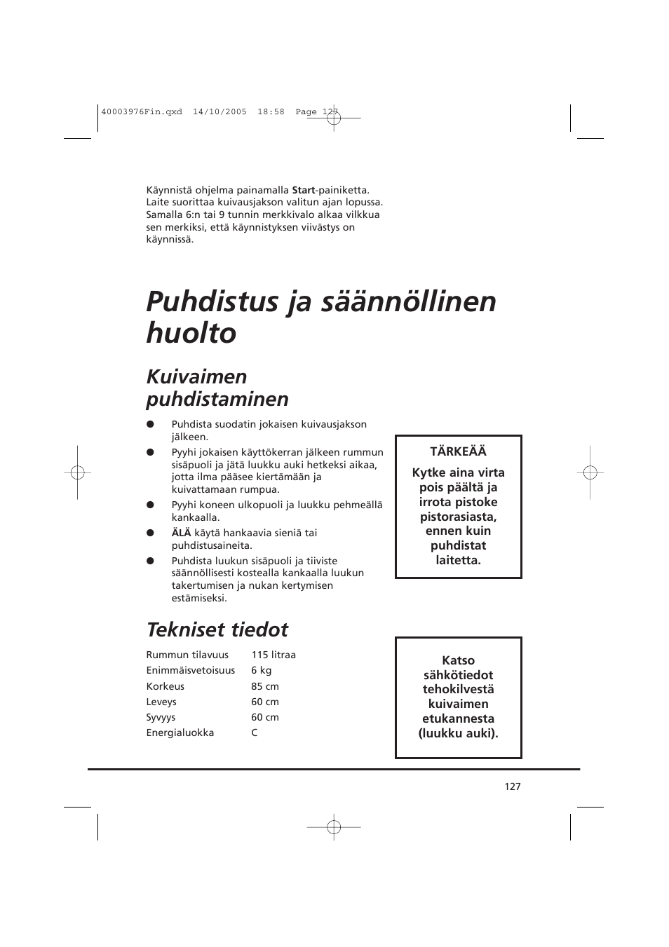 Puhdistus ja säännöllinen huolto, Kuivaimen puhdistaminen, Tekniset tiedot | Candy CV1 66- S User Manual | Page 127 / 164