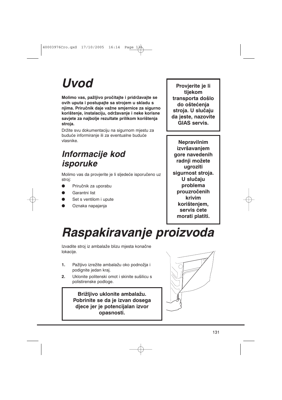 Uvod, Raspakiravanje proizvoda, Informacije kod isporuke | Candy CV1 66- S User Manual | Page 131 / 164