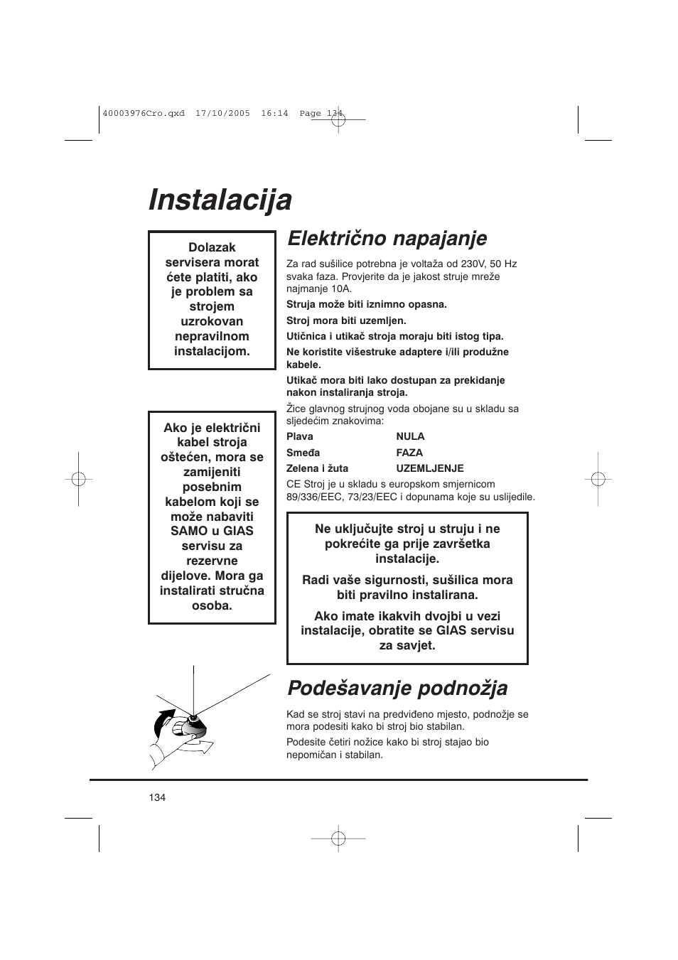 Instalacija, Električno napajanje, Podešavanje podnožja | Candy CV1 66- S User Manual | Page 134 / 164